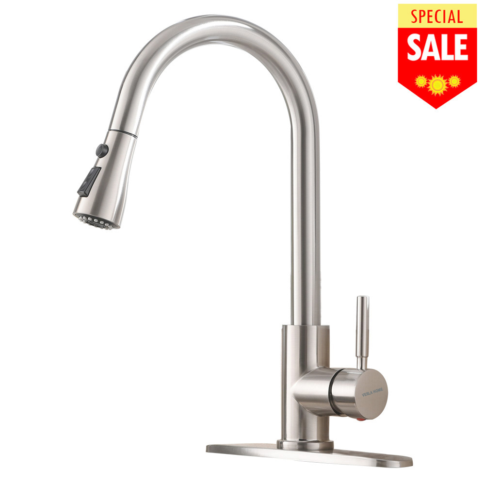 Single Handle High Arc Pull out Brushed Nickel Kitchen Faucet, Single Level Stainless Steel Kitchen Sink Faucets with Pull down Sprayer