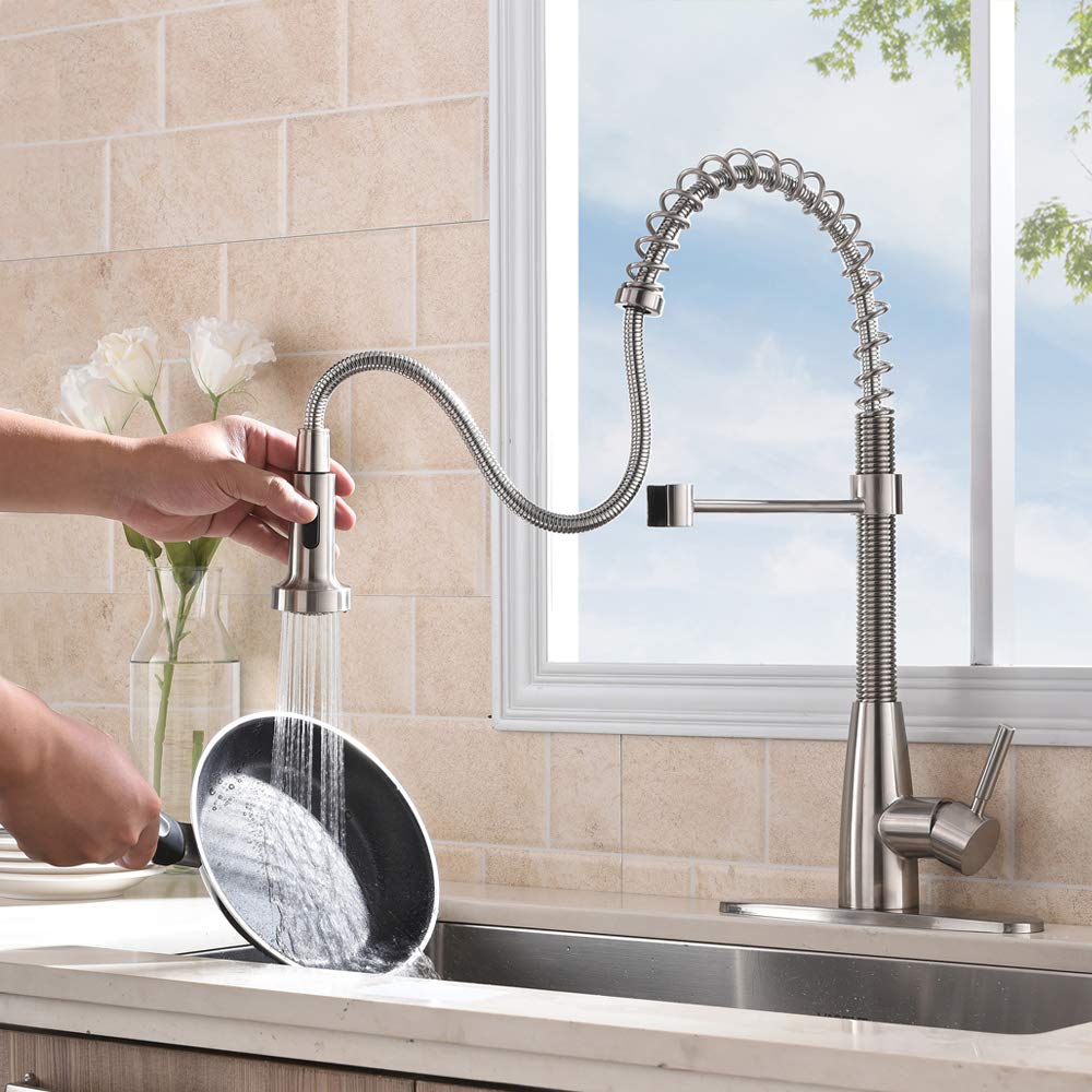 VESLA HOME Commercial Single Handle Pull Down Out Sprayer Spring Stainless Steel Kitchen Faucet, Brushed Nickel Kitchen Sink Faucet