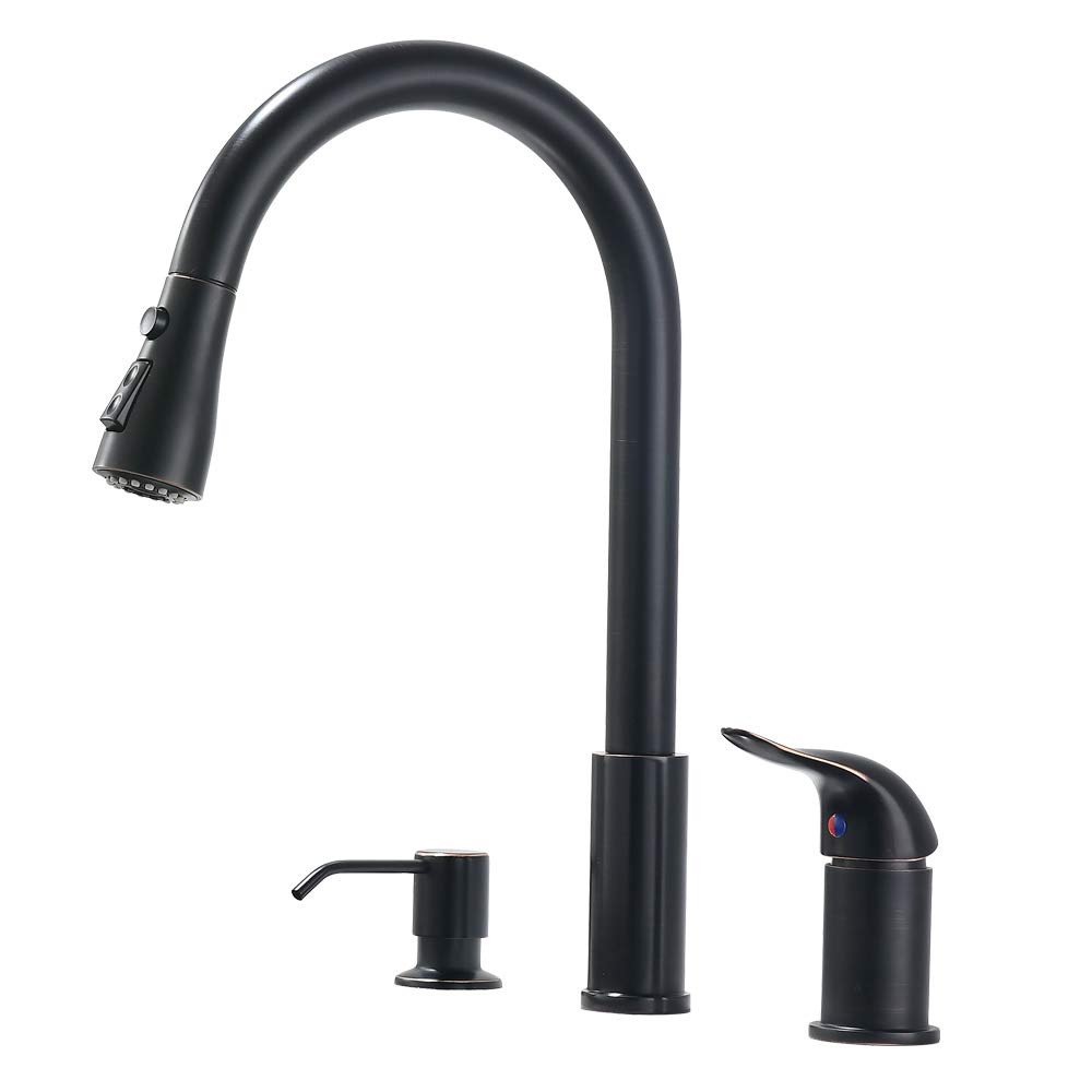 VESLA HOME Single-Handle Swivel Single Lever Oil Rubbed Bronze Kitchen Sink Faucet with Pull Down Sprayer, Soap Dispenser Kitchen Faucets, Kitchen Sink Faucet