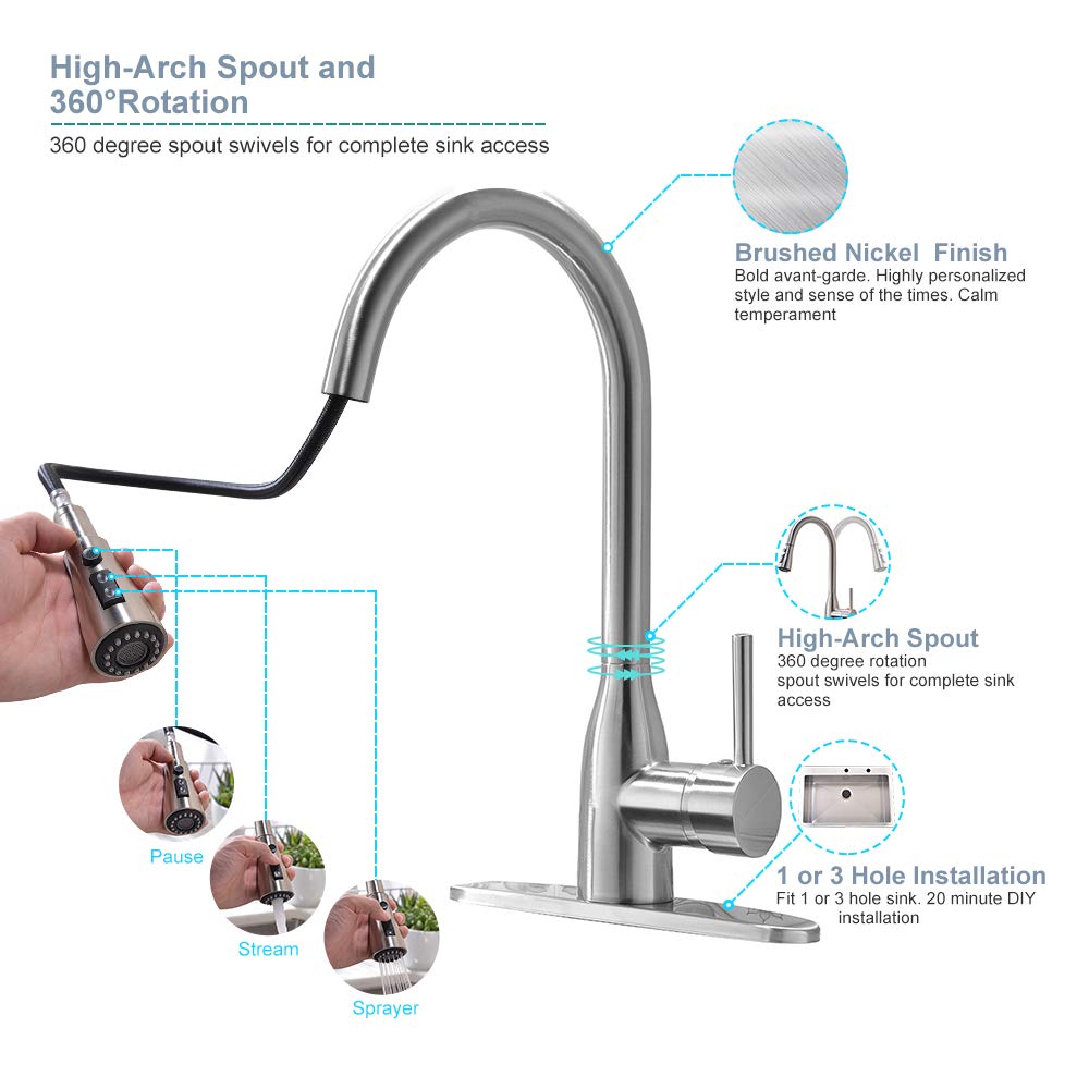 VESLA HOME Single Handle High Arc Stainless Steel Single Handle Brushed Nickel Pull Down Sprayer Kitchen Sink Faucet, Kitchen Faucets with Deck Plate