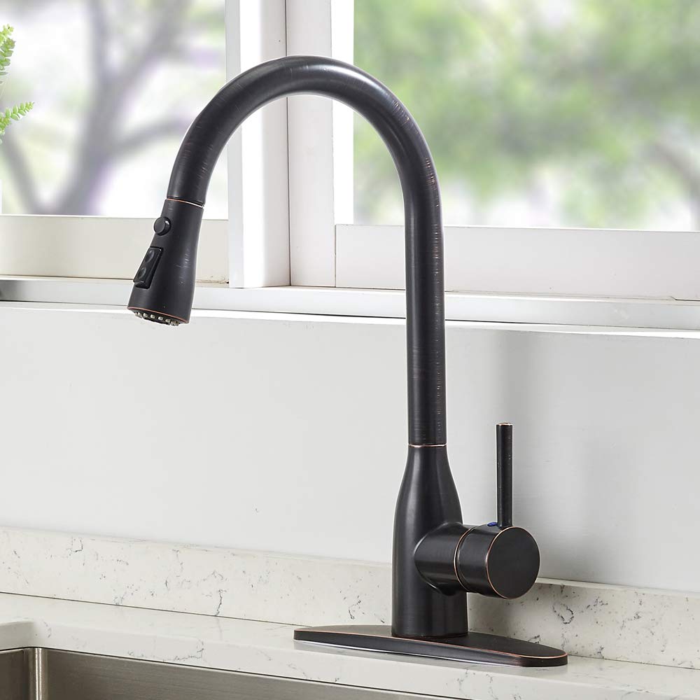 VESLA HOME Commercial Single Handle Pull Out Sprayer Oil Rubbed Bronze Lead-Free Brass Kitchen Faucet, Kitchen Sink Faucets with Deck Plate