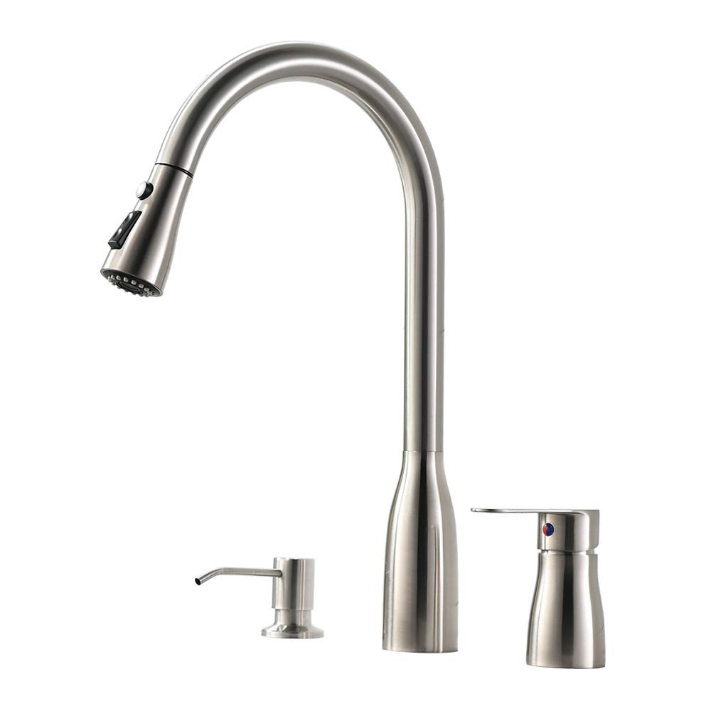 Vesla Home 3 Hole Kitchen Sink Faucet with Pull Down Sprayer Soap Dispenser Stainless Steel Single Handle Kitchen Faucet, Brushed Nickel