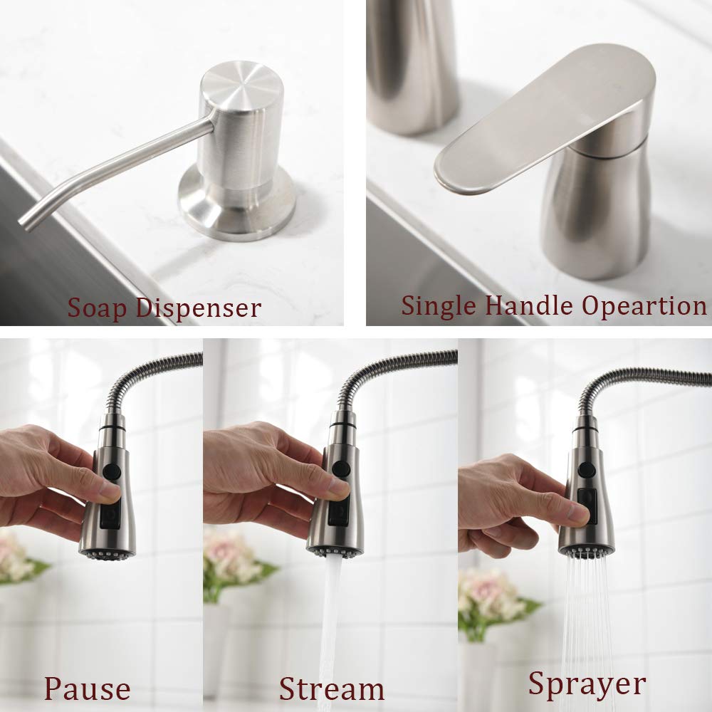 Vesla Home 3 Hole Kitchen Sink Faucet with Pull Down Sprayer Soap Dispenser Stainless Steel Single Handle Kitchen Faucet, Brushed Nickel