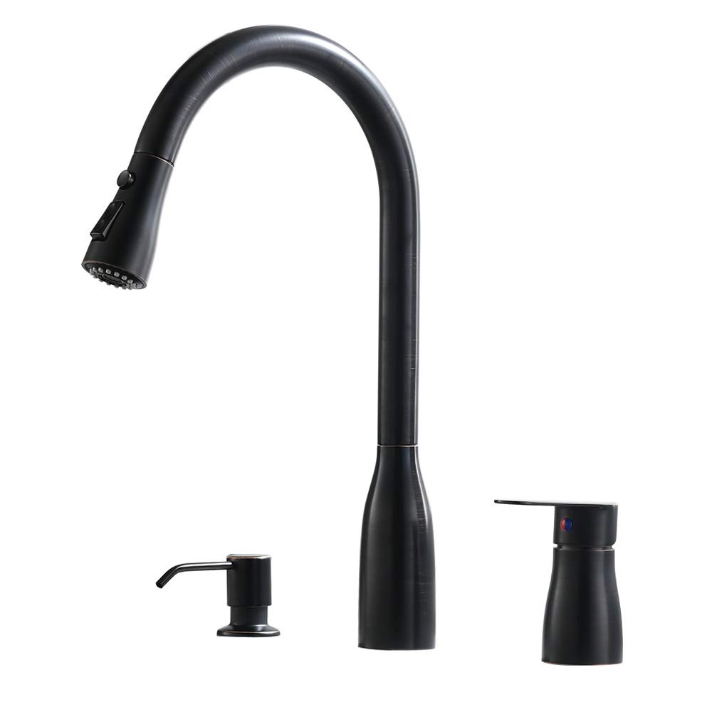 Vesla Home Modern Oil Rubbed Bronze 3 Hole Pull Out Stainless Steel Single Handle Pull Down Bronze Kitchen Sink Faucet, Kitchen Faucet 3 hole