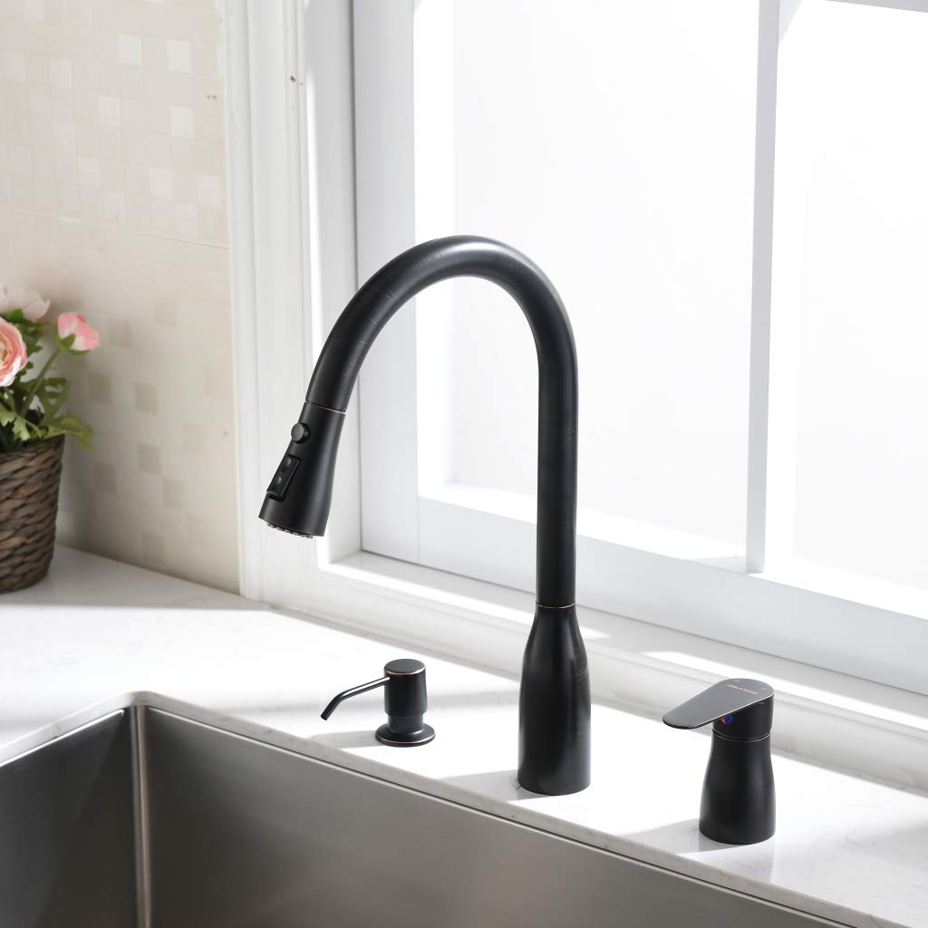 Vesla Home Modern Oil Rubbed Bronze 3 Hole Pull Out Stainless Steel Single Handle Pull Down Bronze Kitchen Sink Faucet, Kitchen Faucet 3 hole