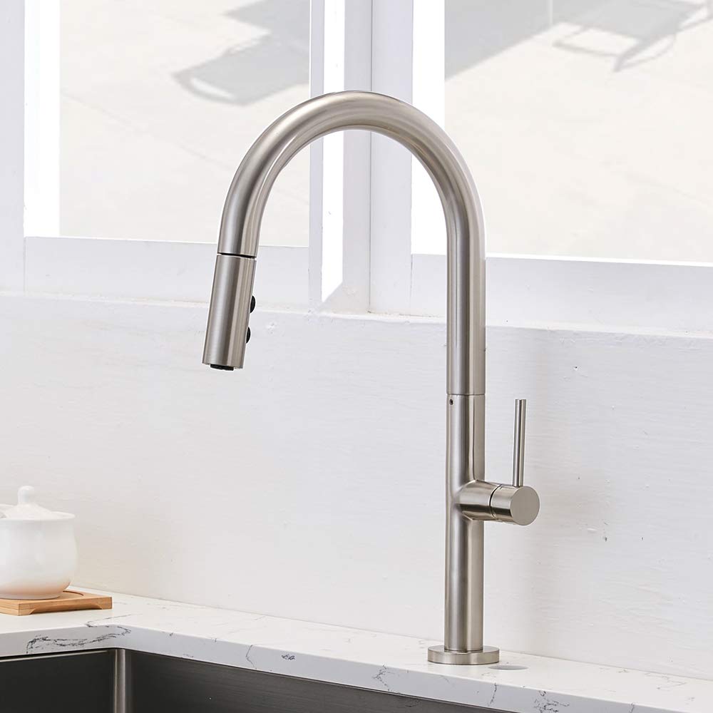 VESLA HOME Commercial Pull Down Modern Single Hole Single Handle high arc Stainless Steel Brushed Nickel Kitchen Sink faucets with Pull Out Sprayer VEWYJKF011L-1