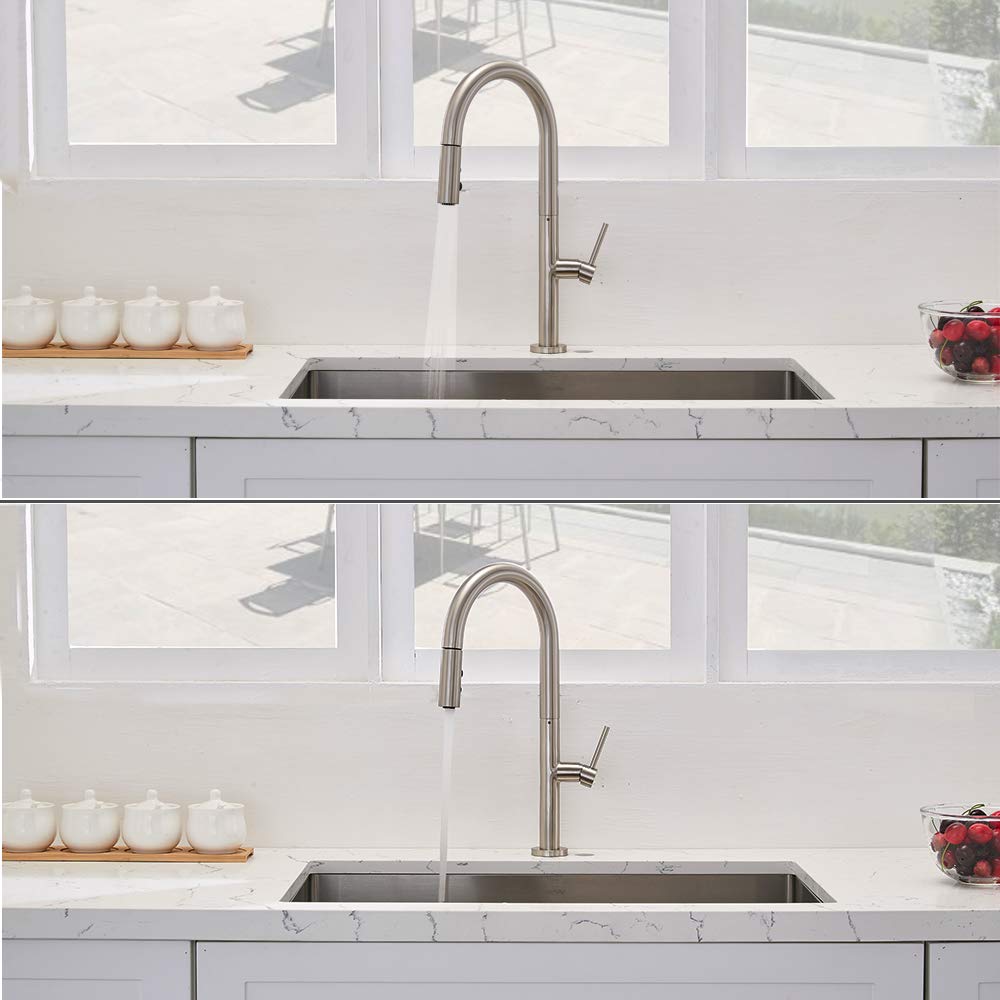 VESLA HOME Commercial Pull Down Modern Single Hole Single Handle high arc Stainless Steel Brushed Nickel Kitchen Sink faucets with Pull Out Sprayer VEWYJKF011L-1