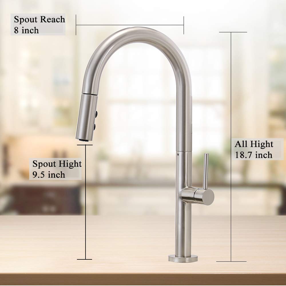 VESLA HOME Commercial Pull Down Modern Single Hole Single Handle high arc Stainless Steel Brushed Nickel Kitchen Sink faucets with Pull Out Sprayer VEWYJKF011L-1