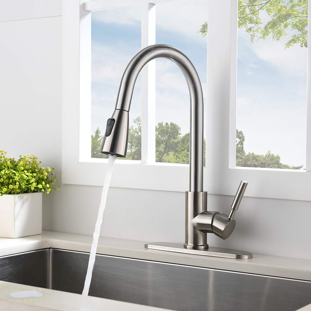 VESLA HOME Commercial High Arch Pull Down Sprayer Brushed Nickel Kitchen Sink Faucet, Swivel Single Lever Stainless Steel Kitchen Faucet With Deck Plate