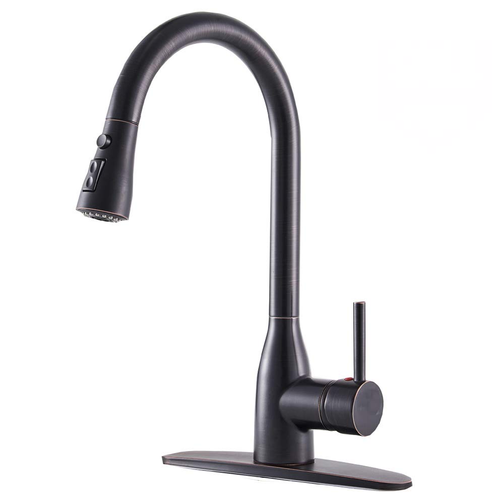 VESLA HOME Commercial Brass Single Handle Pull Out Sprayer Lead-Free Oil Rubbed Bronze Kitchen Faucet, Kitchen Sink Faucets with Deck Plate