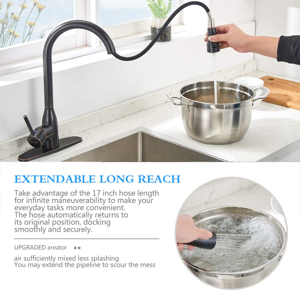 VESLA HOME Commercial Brass Single Handle Pull Out Sprayer Lead-Free Oil Rubbed Bronze Kitchen Faucet, Kitchen Sink Faucets with Deck Plate