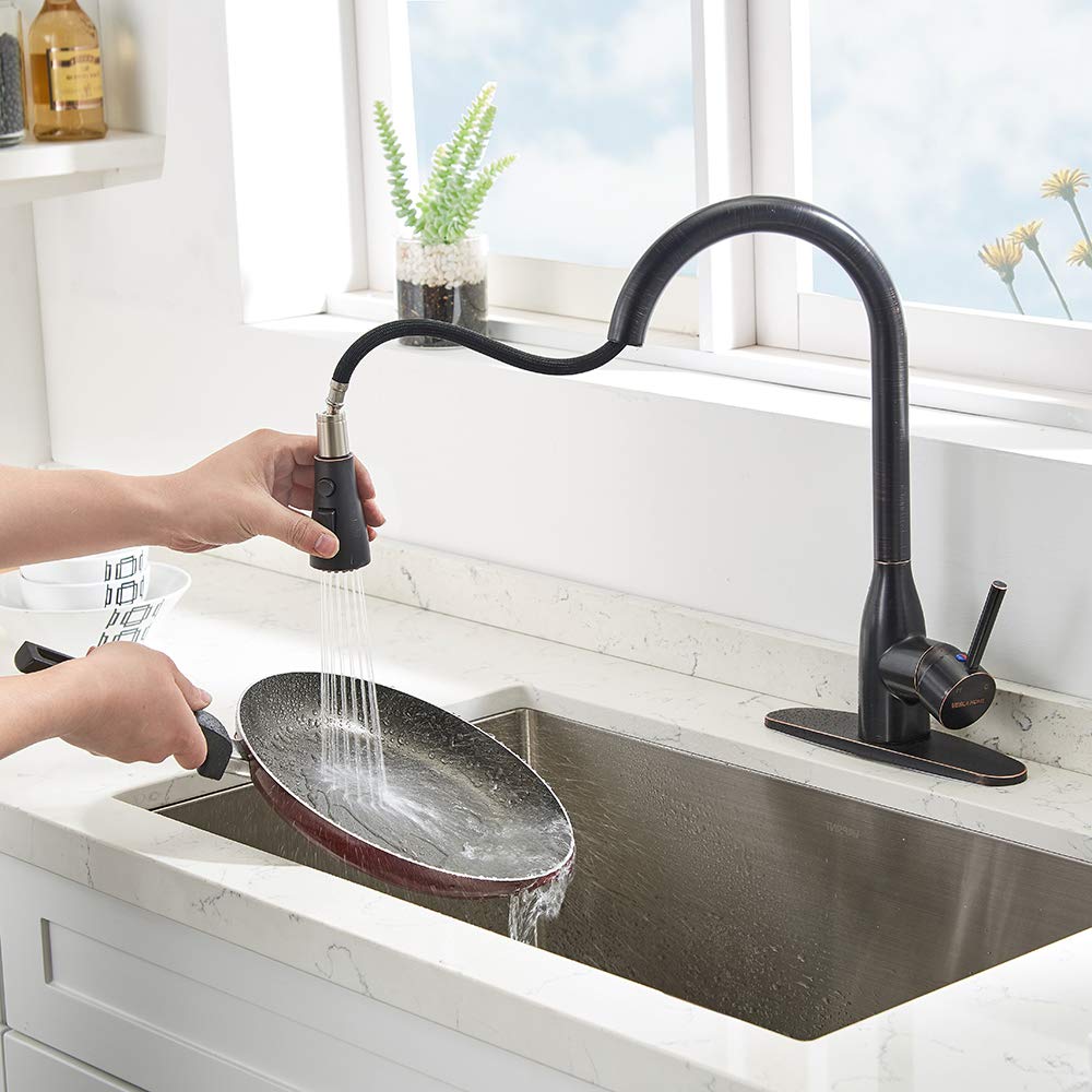 VESLA HOME Commercial Brass Single Handle Pull Out Sprayer Lead-Free Oil Rubbed Bronze Kitchen Faucet, Kitchen Sink Faucets with Deck Plate