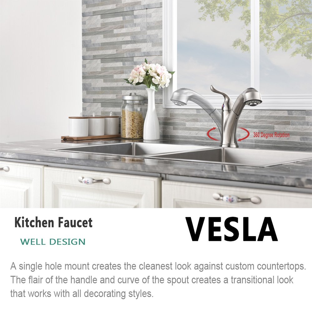 VESLA HOME Commercial Stainless Steel Single Handle Pull Out Kitchen Faucet,Brushed Nickel Finish Kitchen Sink Faucet