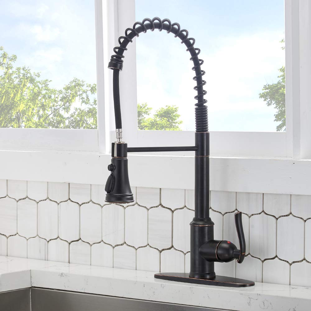 VESLA Antique Single Handle Pull Down Sprayer Oil Rubbed Bronze Kitchen Faucet, Kitchen Faucet Bronze With Deck Plate