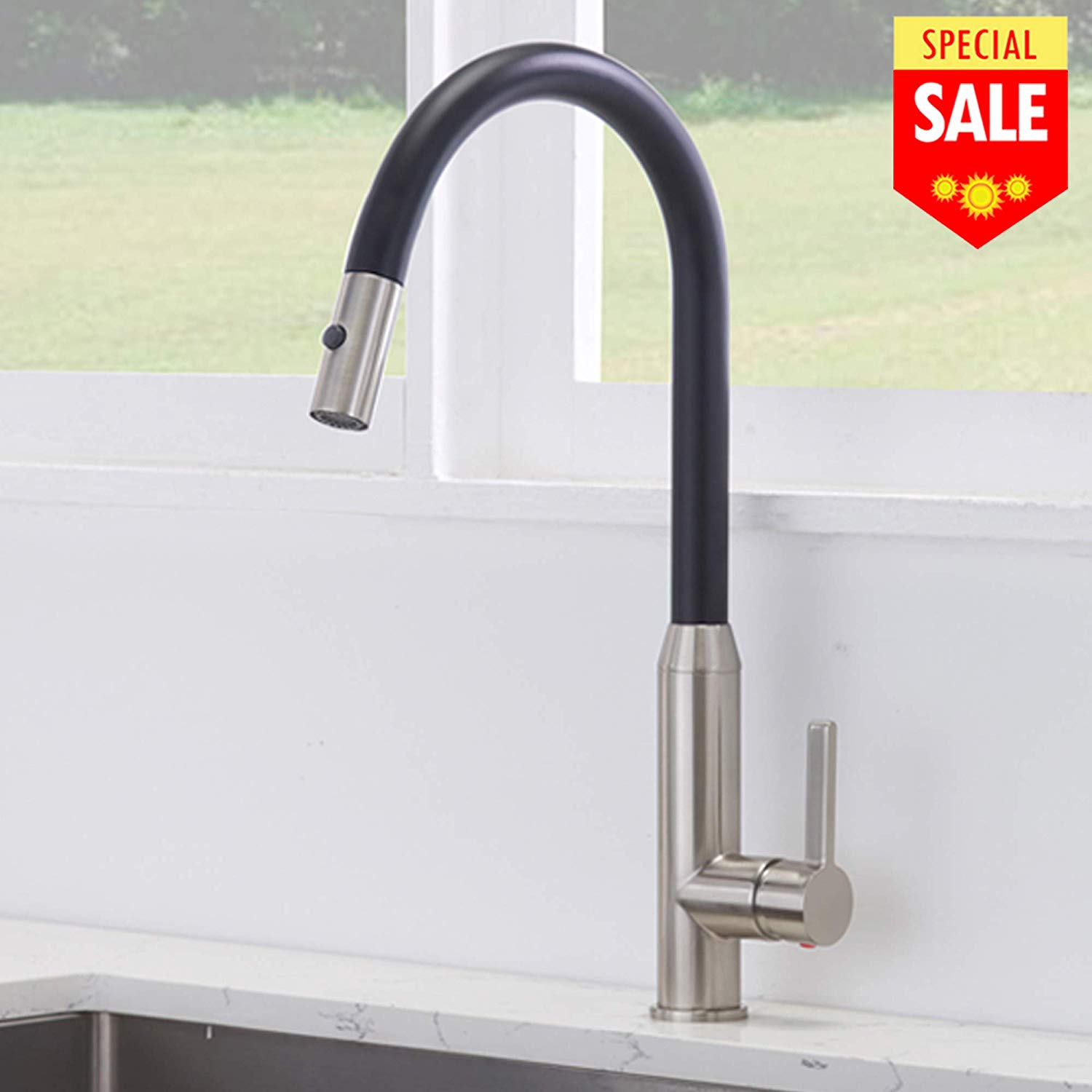 VESLA HOME Modern Commercial Single Lever Pull Out Sprayer Brushed Nickel and Matte Black Finish Stainless Steel Kitchen Faucet, Kitchen Sink Faucet VEQYT196LB-1