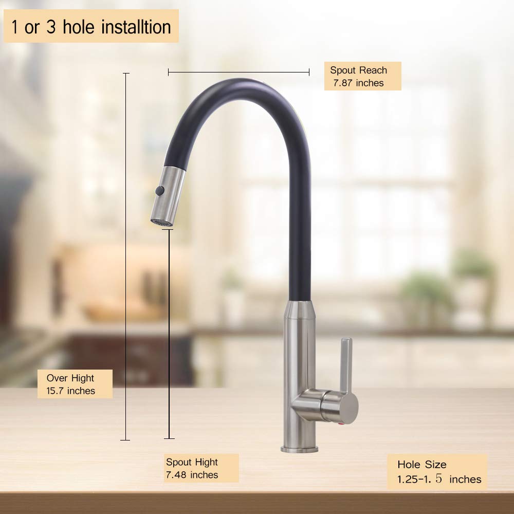 VESLA HOME Modern Commercial Single Lever Pull Out Sprayer Brushed Nickel and Matte Black Finish Stainless Steel Kitchen Faucet, Kitchen Sink Faucet VEQYT196LB-1