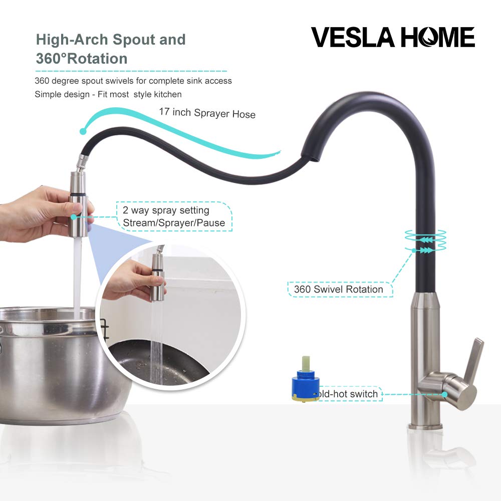 VESLA HOME Modern Commercial Single Lever Pull Out Sprayer Brushed Nickel and Matte Black Finish Stainless Steel Kitchen Faucet, Kitchen Sink Faucet VEQYT196LB-1