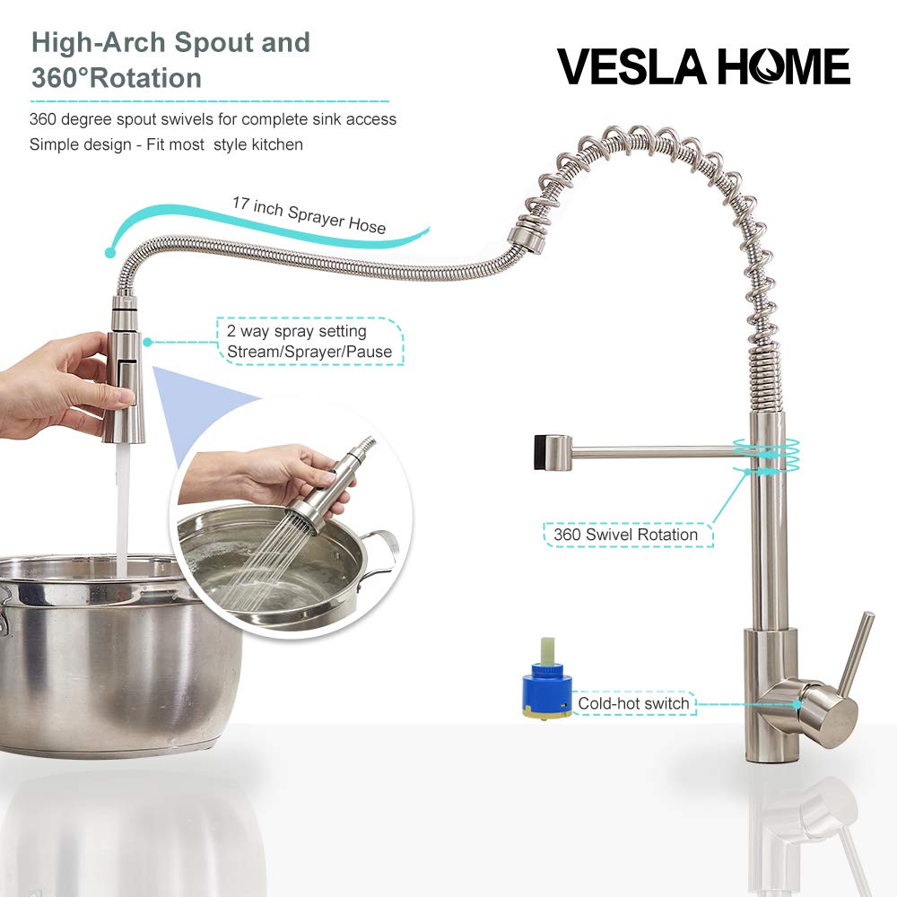 VESLA HOME Lead Free Stainless Steel Single Lever Handle Brushed Nickel Pull Down Sprayer Spring Kitchen Faucet, Kitchen Sink Faucet With Deck Plate VEQYT198L-1