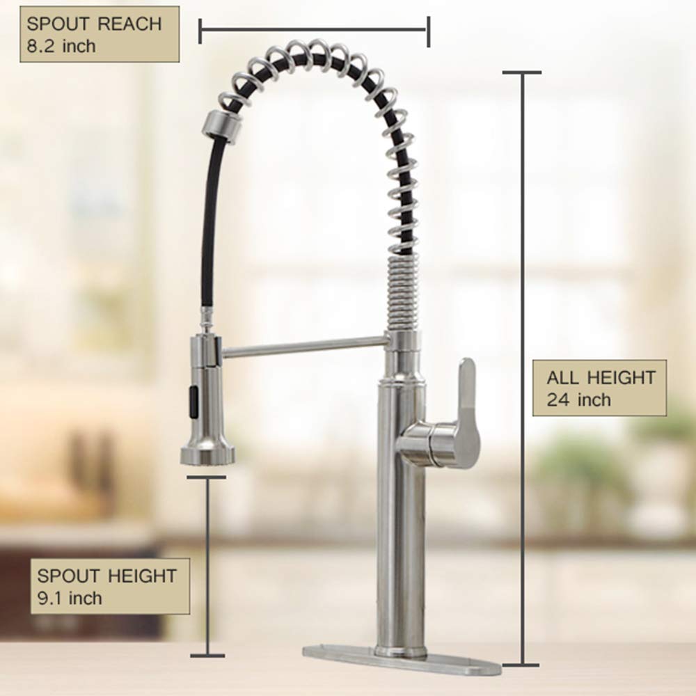 VESLA HOME Modern Commercial Lead Free Brushed Nickel Modern Stainless Steel Single Handle Pull Out Sprayer Spring Kitchen Faucet, Kitchen Sink Faucets with Deck Plate