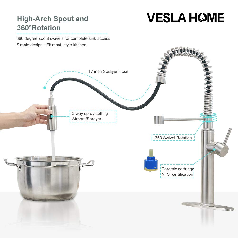VESLA HOMEV Commercial Lead-Free Solid Brass Single Handle Single Lever Pull Out Pull Down Sprayer Spring Kitchen Faucets, Brushed Nickel Kitchen Sink Faucet VETGT002L-D-1