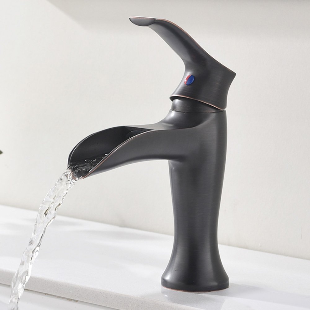 VESLA HOME Single Handle One Hole Oil Rubbed Bronze Finish Large Spout Waterfall Vanity Bathroom Faucet, Lavatory Bathroom Sink Faucet