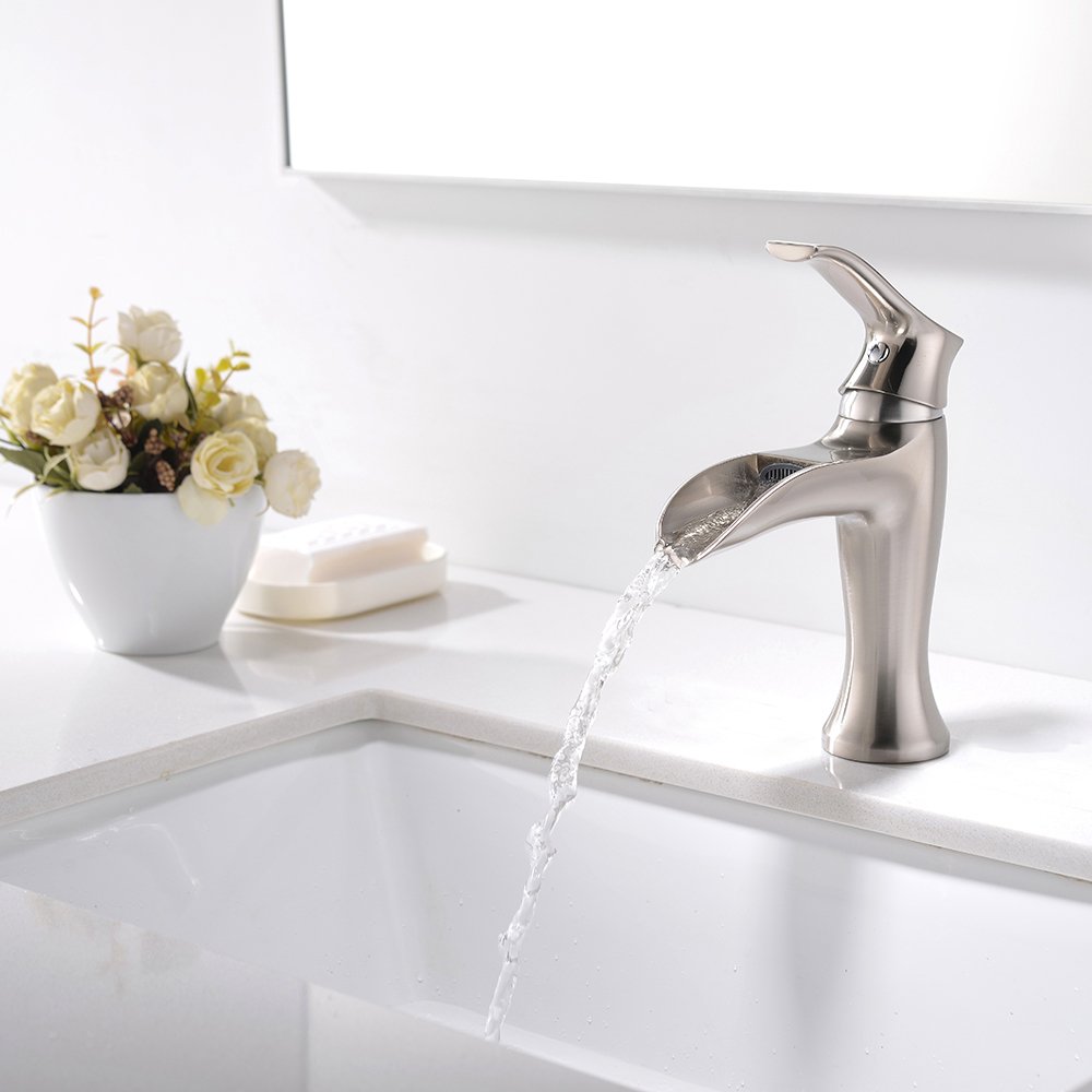 VESLA HOME Single Handle Vessel One Hole Waterfall Brushed Nickel BathroomSink Faucets, Bathroom Sink Faucet Without Pop Up Drain