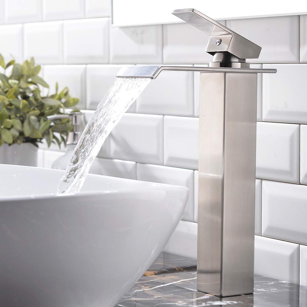 VESLA HOME One Hole Single Handle Waterfall Brushed Nickel Bathroom Faucet, Bathroom Sink Vessel faucet Lavatory Mixer Tap