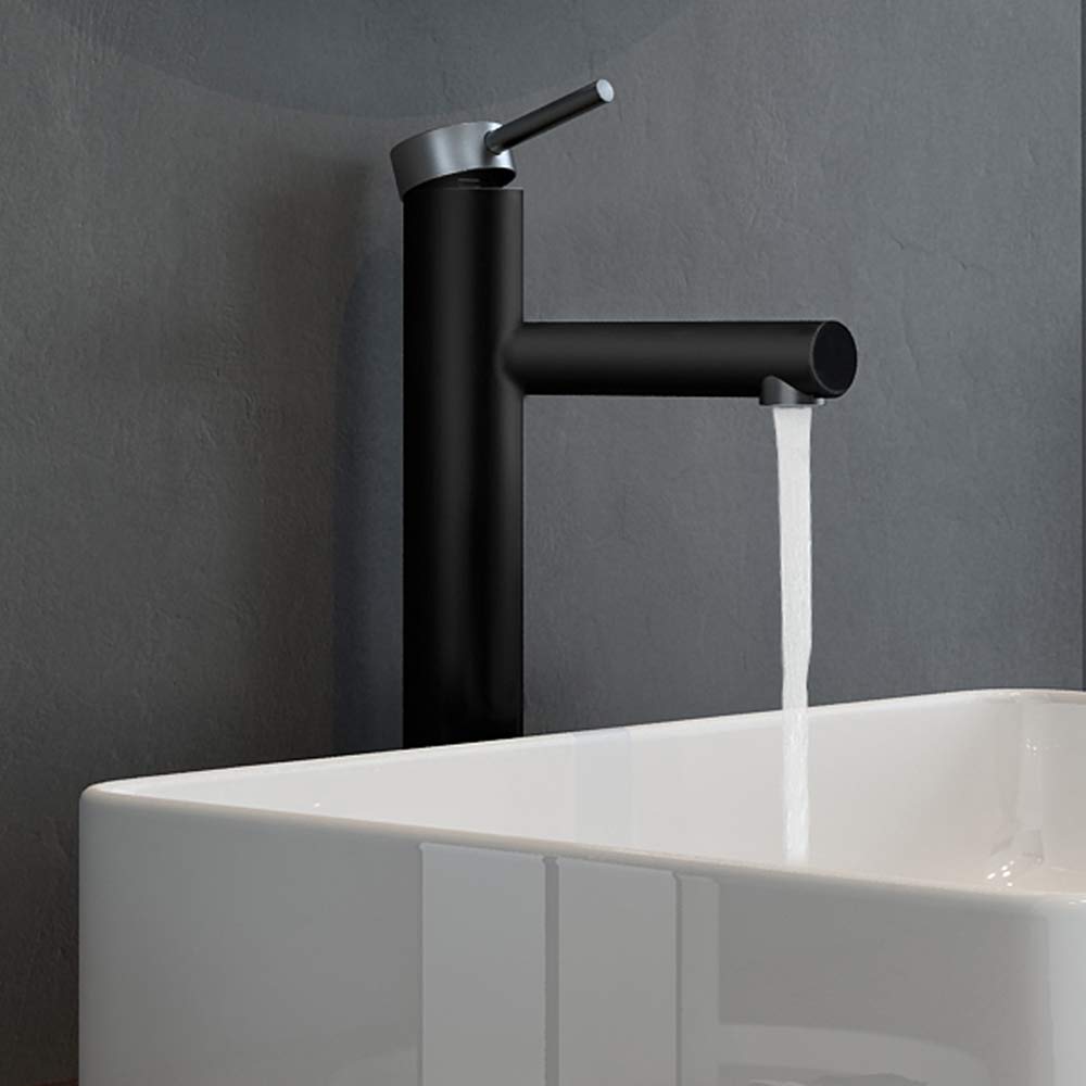 VESLA HOME VEDST045HL-1 Modern Single Handle Matte Black and Brushed Nickel Tall Vessel Sink Bathroom Faucets, Bathroom Sink Faucet