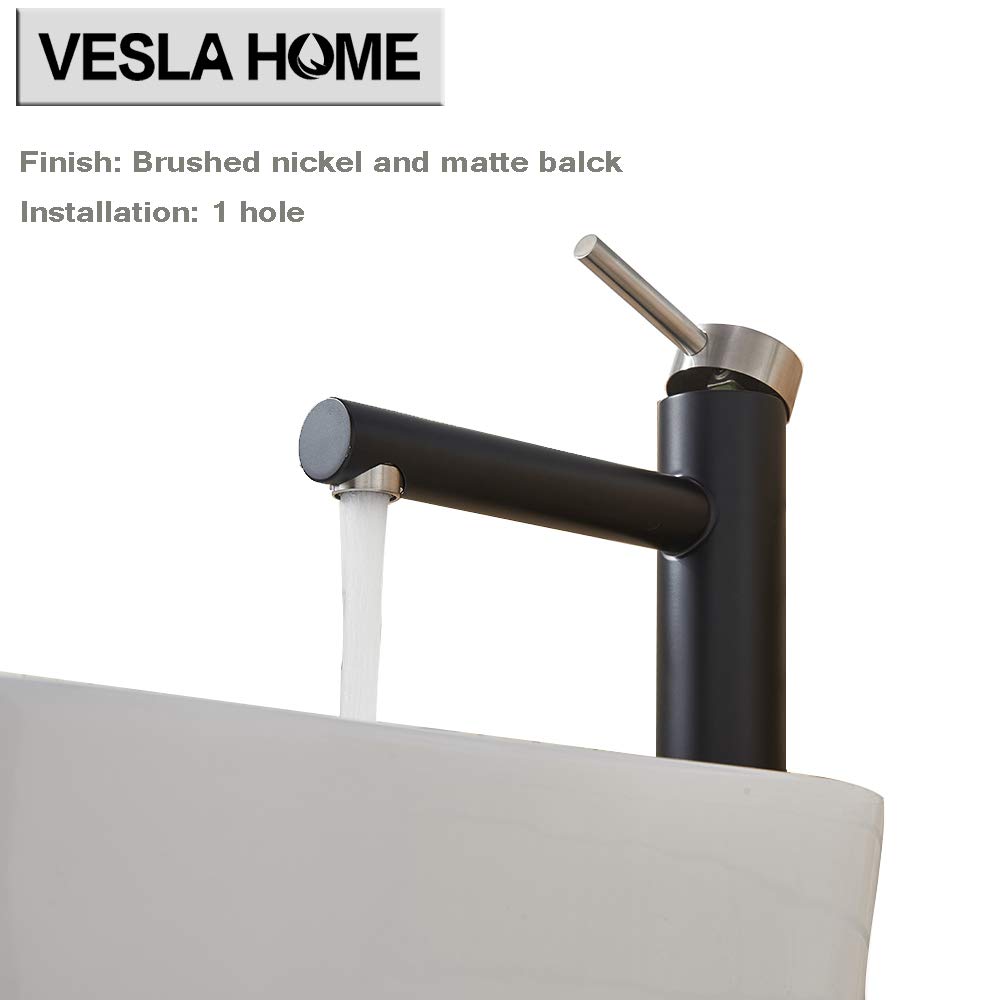 VESLA HOME VEDST045HL-1 Modern Single Handle Matte Black and Brushed Nickel Tall Vessel Sink Bathroom Faucets, Bathroom Sink Faucet