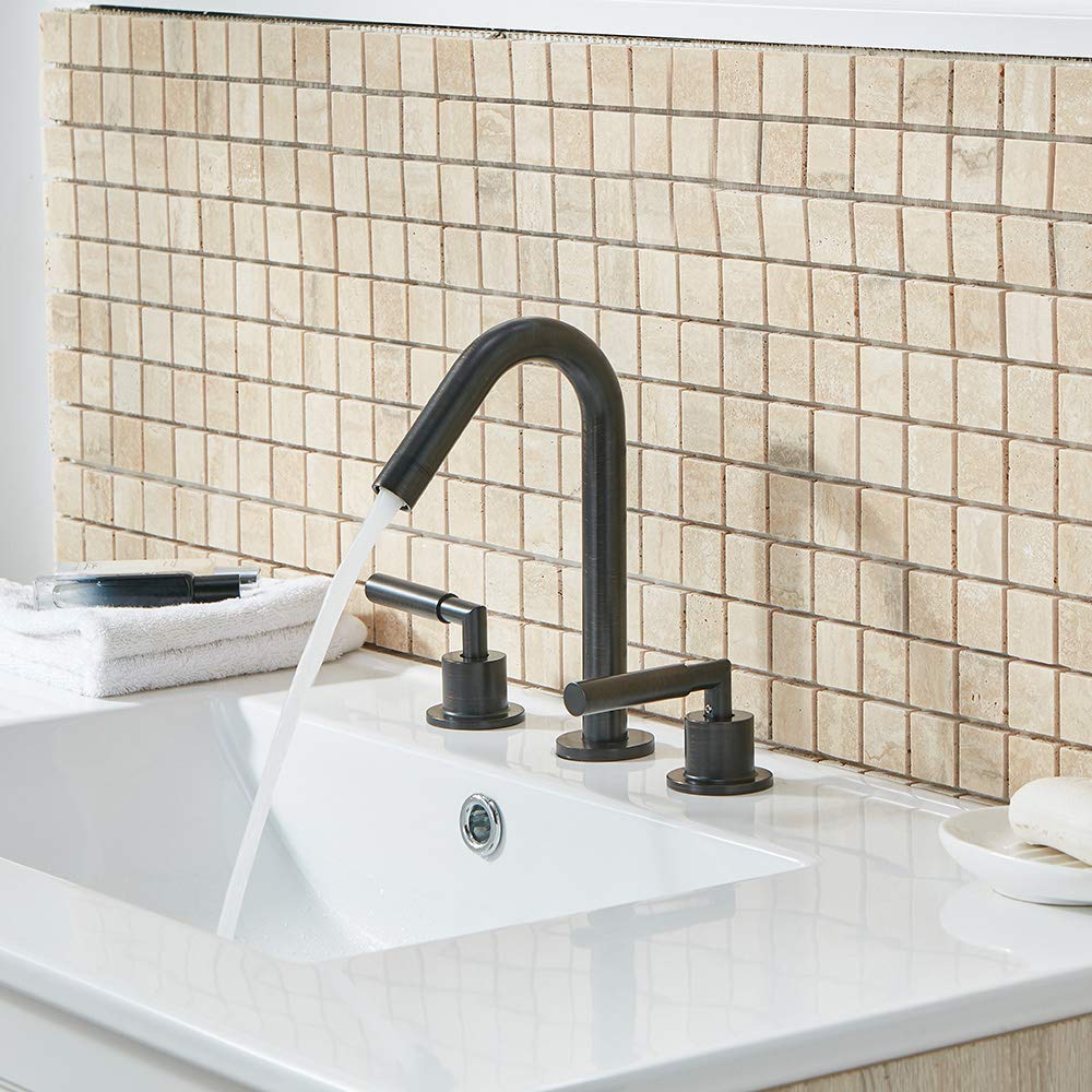 3-Hole 2-Handles Low-Arch Widespread Bathroom Faucet, Oil Rubbed Bronze Bathroom Sink Faucet by Vesla