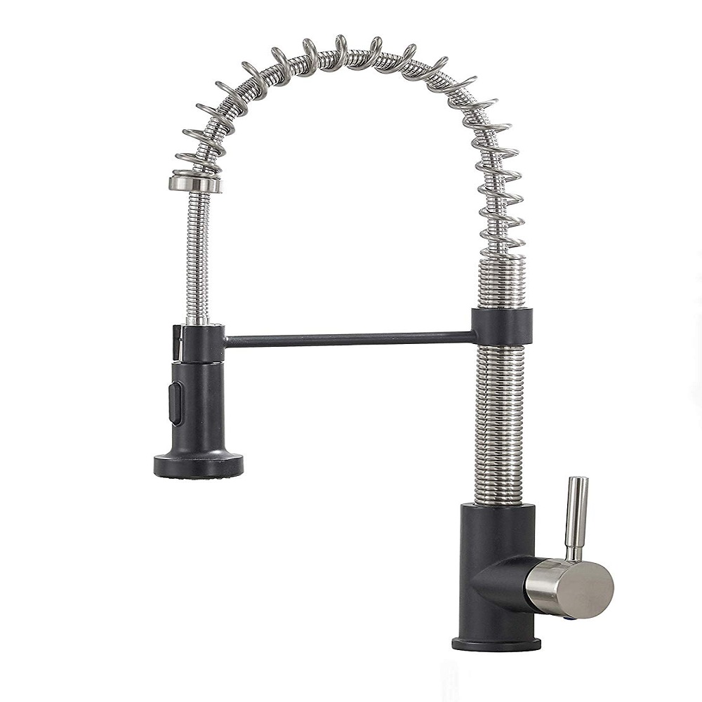 VESLA HOME Commercial Single Handle Pull Out Sprayer Spring Stainless Steel Kitchen Faucet, Brushed Nickel and Matte Black Kitchen Sink Faucet