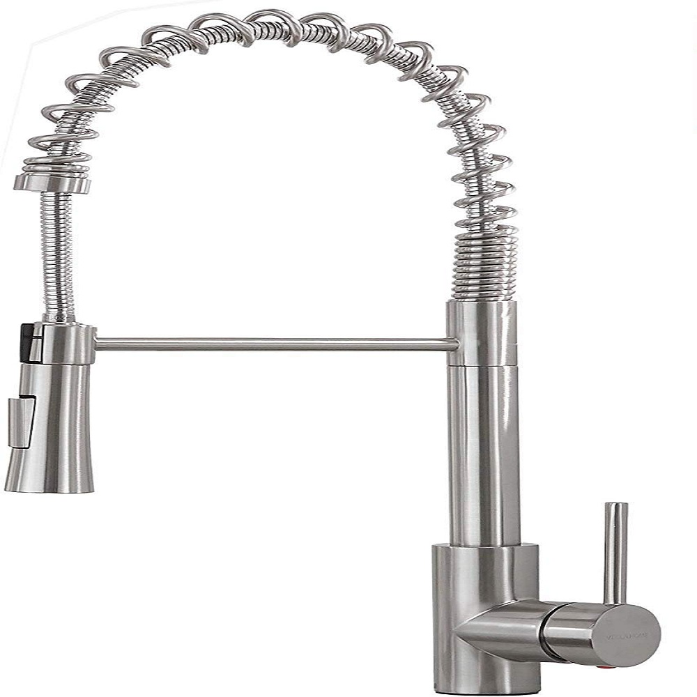 VESLA HOME Lead Free Stainless Steel Single Lever Handle Brushed Nickel Pull Down Sprayer Spring Kitchen Faucet, Kitchen Sink Faucet With Deck Plate VEQYT198L-1