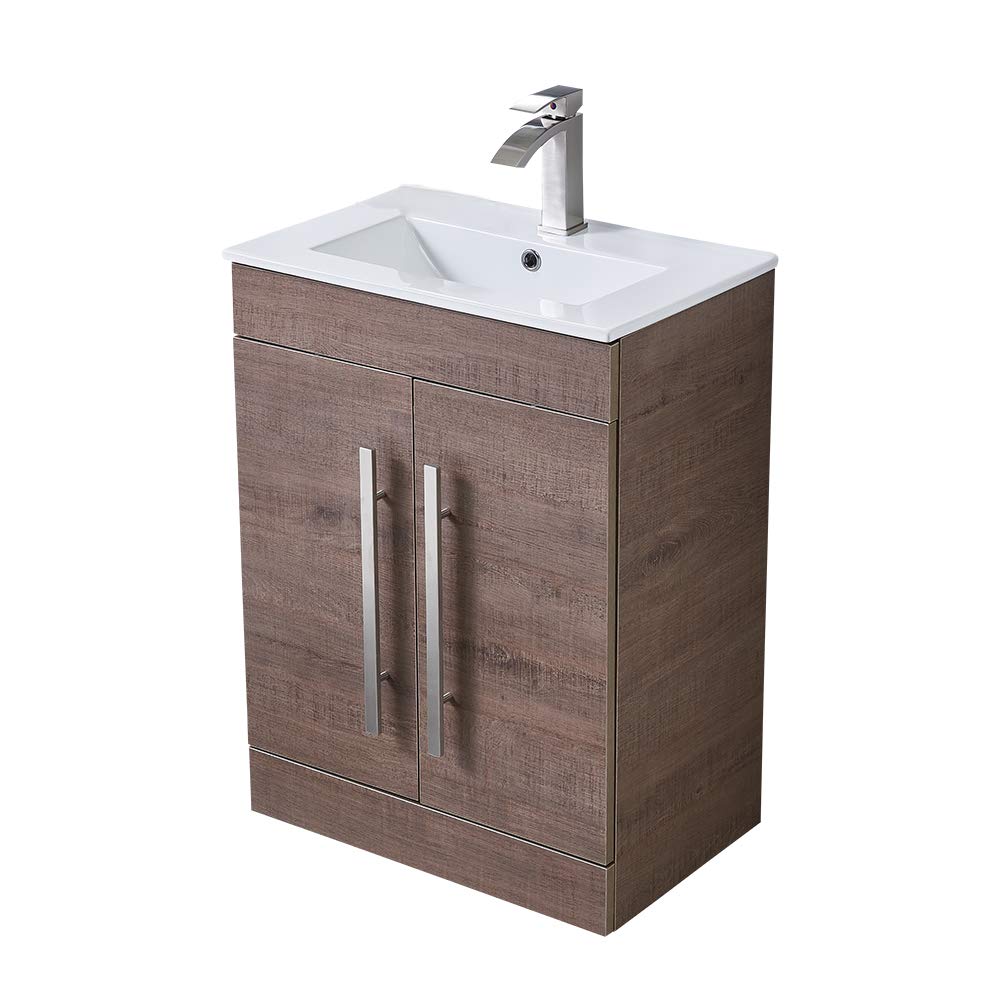 VESLA HOME Modern 24” Brown wood grain Stand Bathroom Vanity Sink Combo, 2 Door Bathroom Cabinet with Ceramic Vessel Sink